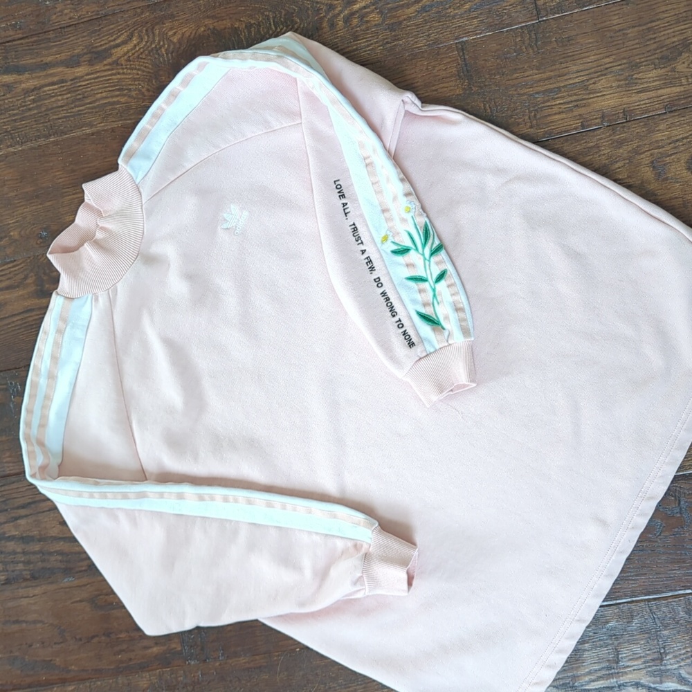 ADIDAS I Pink Turtle Neck LOVE-SET Sweatshirt w/ Embroidered Flowers & Quote, XS - Picture 3 of 15
